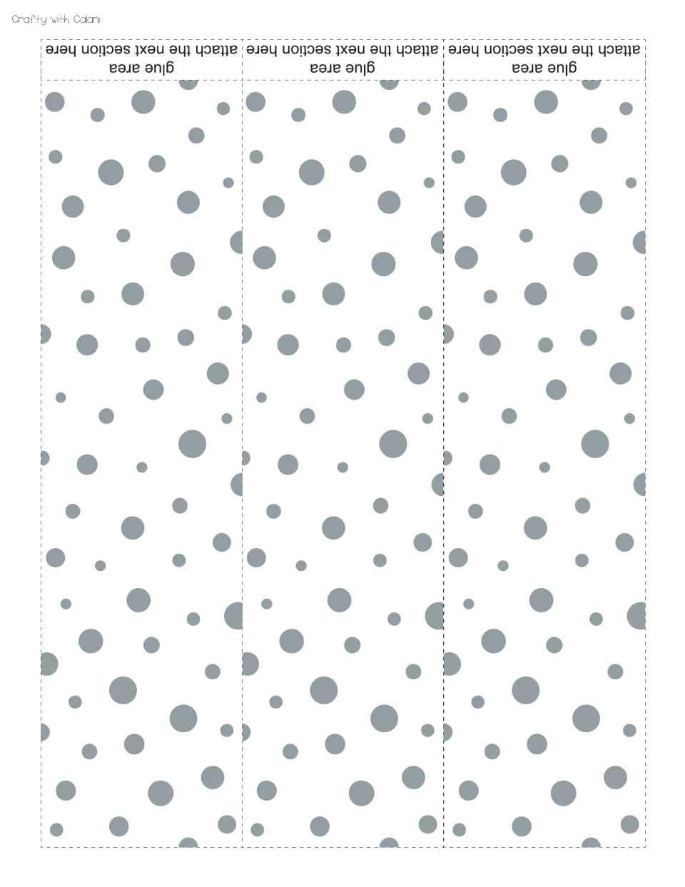 Gray polka dot border strips, three per page, each marked with a glue area to attach the next section when assembling