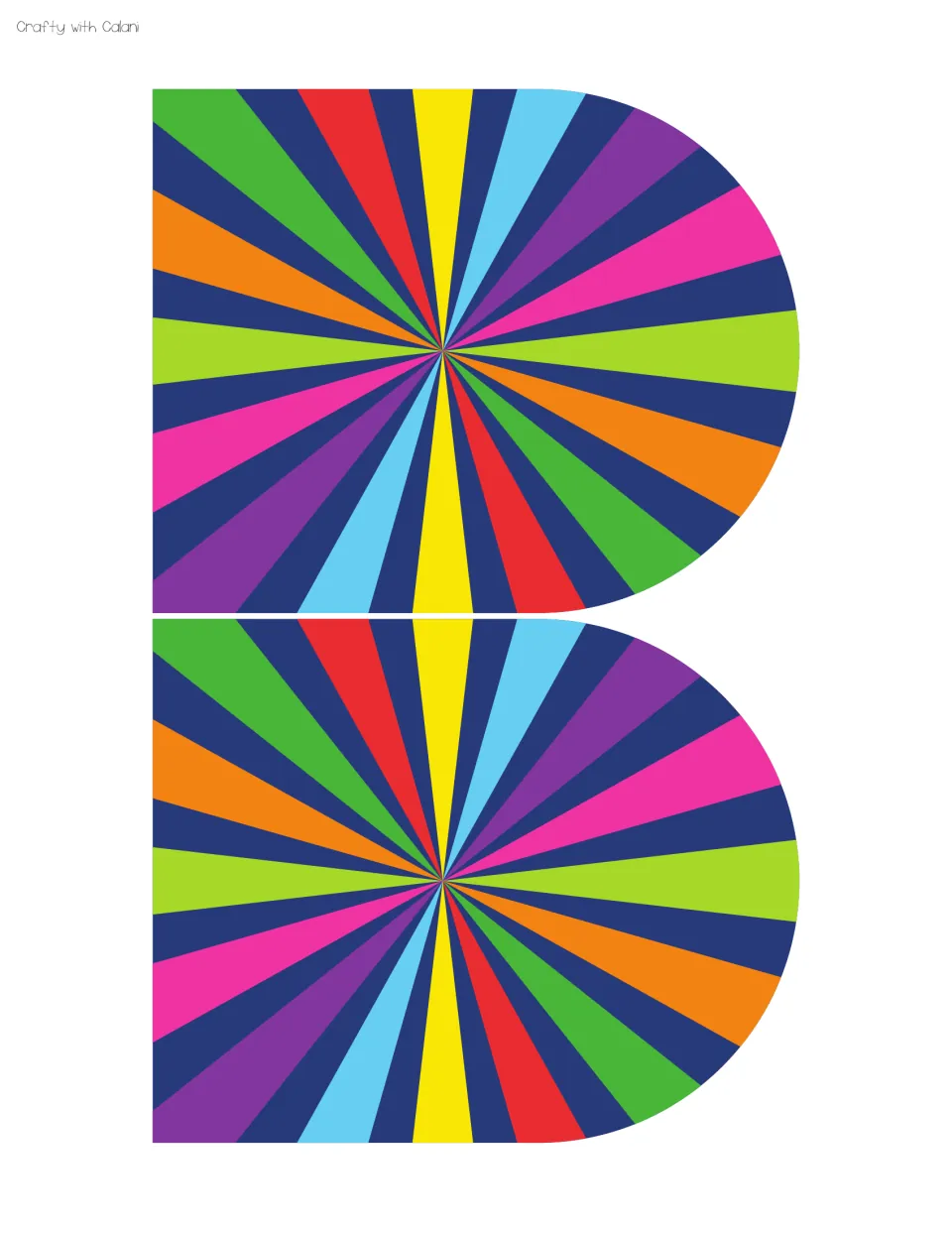 Two rainbow sunburst decorative banners with rounded ends that hang at either end of the JOBS letter pennant line