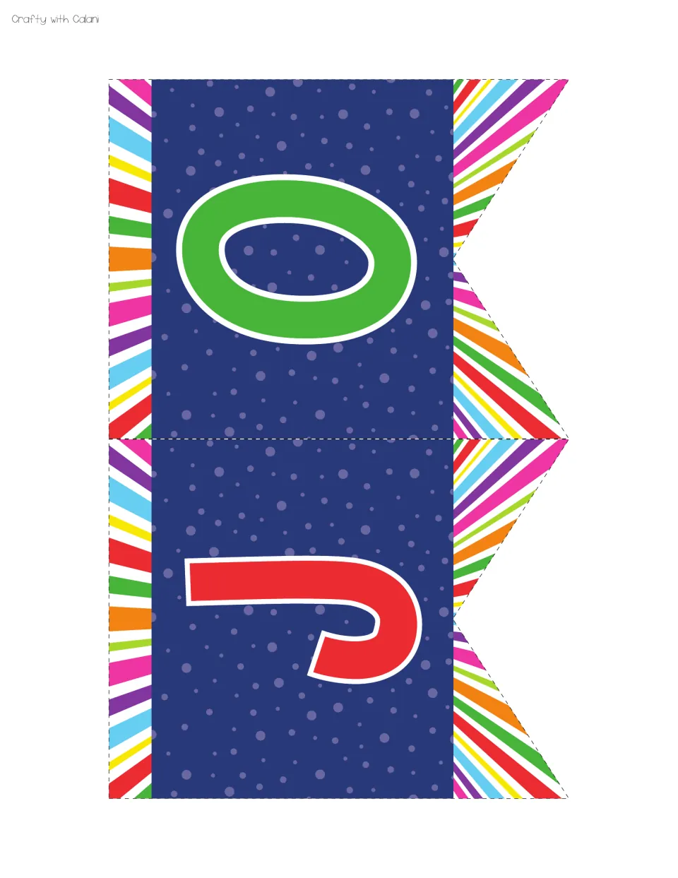 Letter banners: green O and red J on navy starry pennants with rainbow stripes, printed sideways two per page