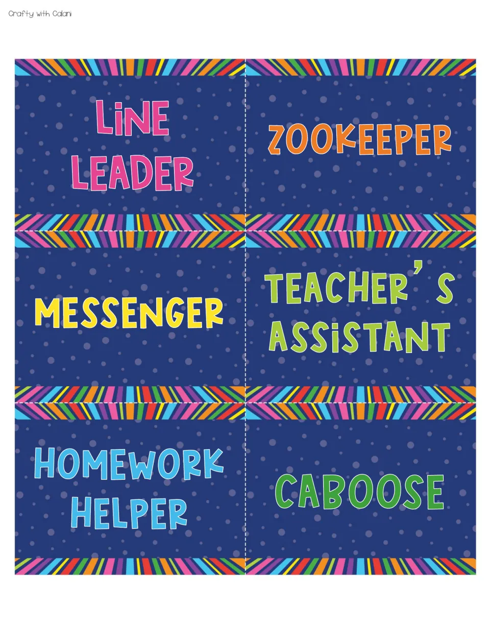 Space job cards: Line Leader, Zookeeper, Messenger, Teacher's Assistant, Homework Helper and Caboose on navy starry cards