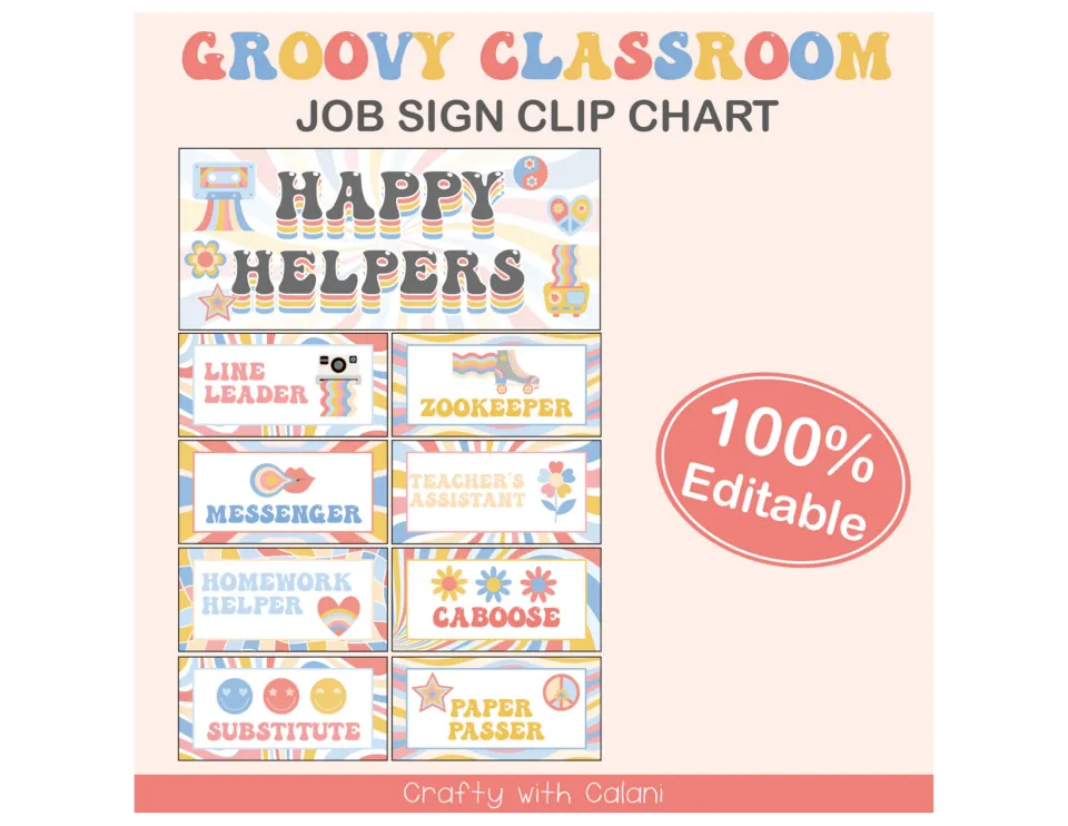 Groovy Classroom Job Sign Clip Chart cover showing a Happy Helpers header, pastel job cards and a 100% Editable badge