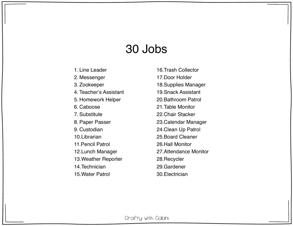 30 Jobs list: numbered classroom roles from Line Leader and Messenger through Recycler, Gardener and Electrician