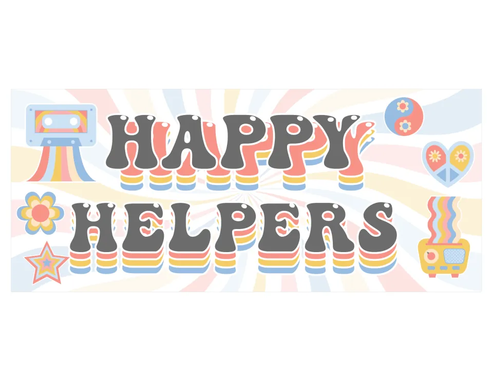 Happy Helpers header banner in retro lettering with cassette, flower, star and radio clip art to top the job chart