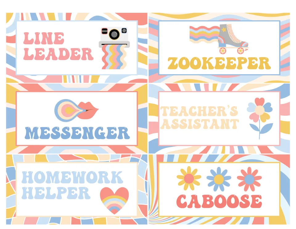 Job signs for Line Leader, Zookeeper, Messenger, Teacher's Assistant, Homework Helper and Caboose with retro clip art
