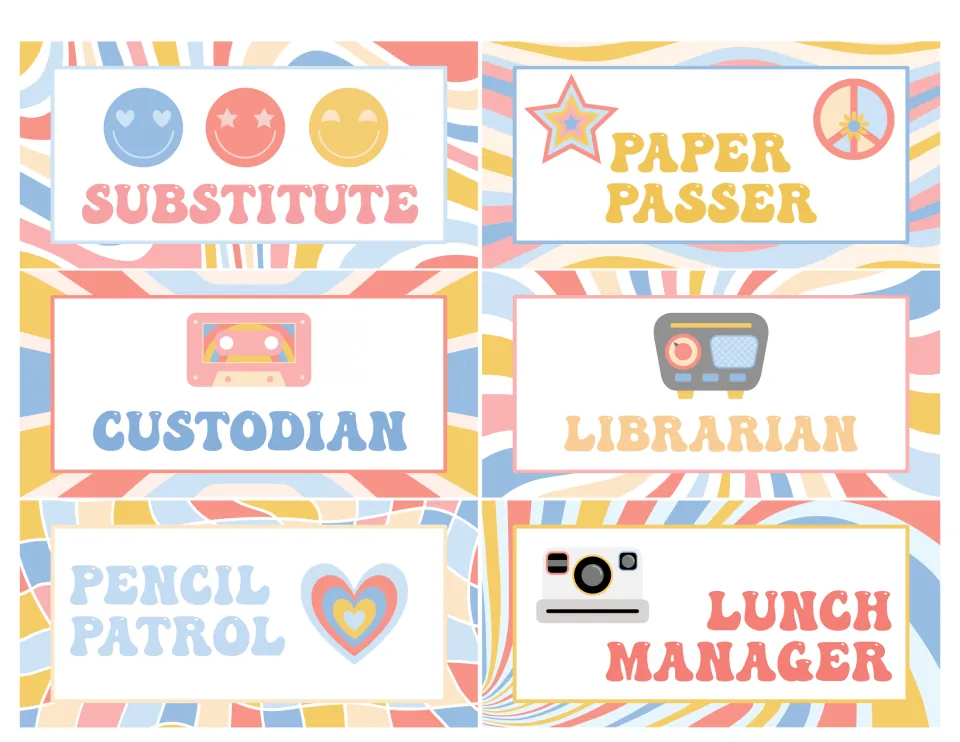 Job signs for Substitute, Paper Passer, Custodian, Librarian, Pencil Patrol and Lunch Manager with smiley and radio icons
