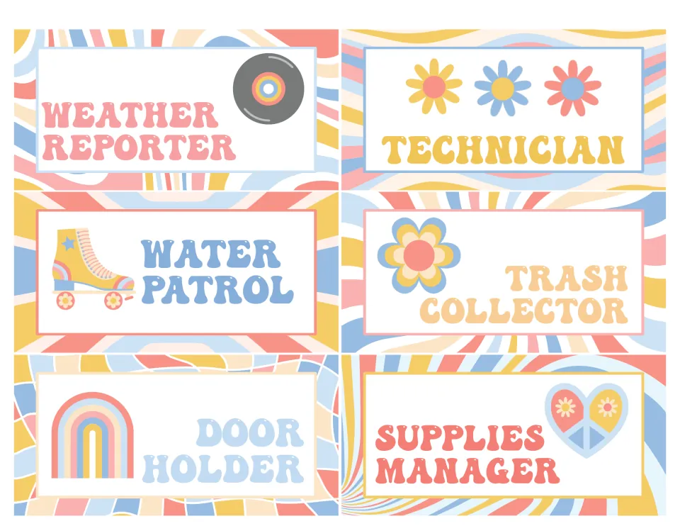 Job signs for Weather Reporter, Technician, Water Patrol, Trash Collector, Door Holder and Supplies Manager