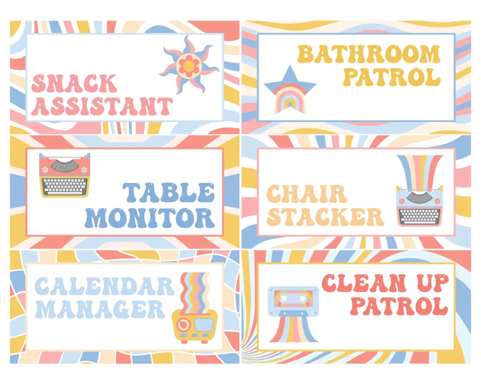 Job signs for Snack Assistant, Bathroom Patrol, Table Monitor, Chair Stacker, Calendar Manager and Clean Up Patrol