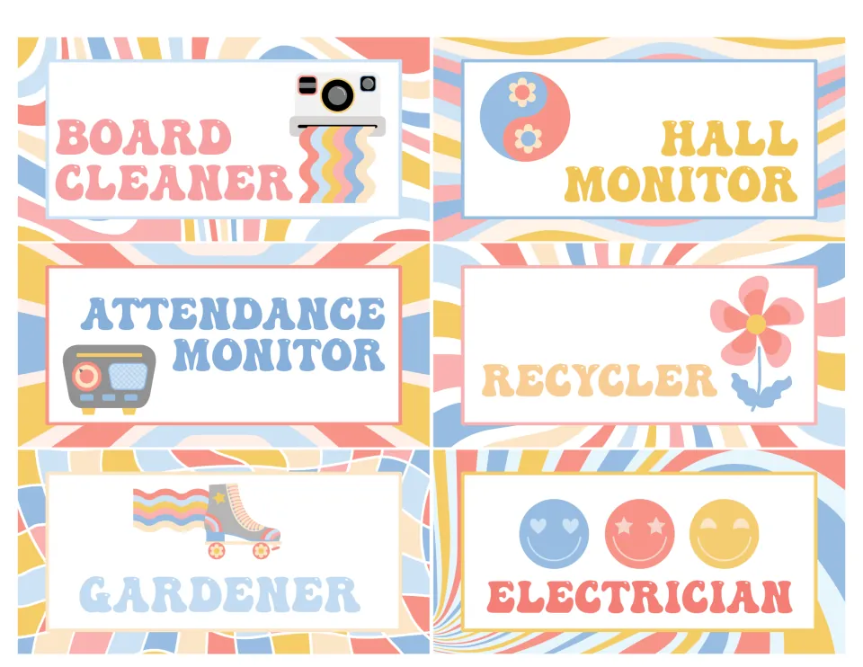 Job signs for Board Cleaner, Hall Monitor, Attendance Monitor, Recycler, Gardener and Electrician with retro icons