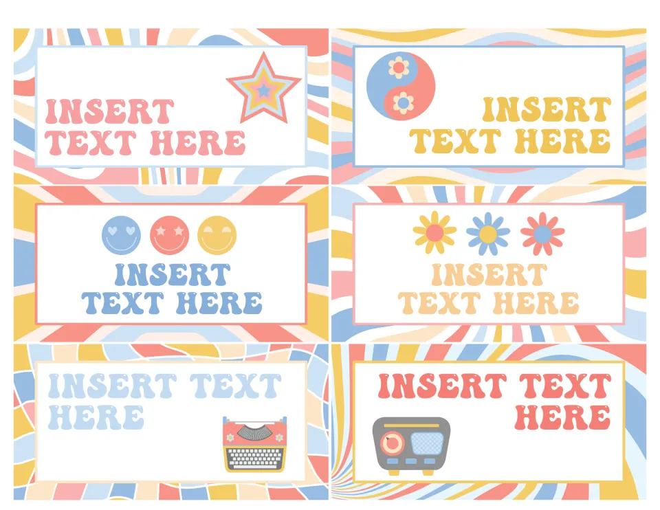 Blank job signs reading Insert Text Here, six cards with star, yin-yang, smiley, flower, typewriter and radio clip art