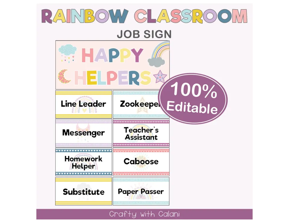 Rainbow Classroom Job Sign cover: a Happy Helpers header above eight job cards such as Line Leader, marked 100% Editable