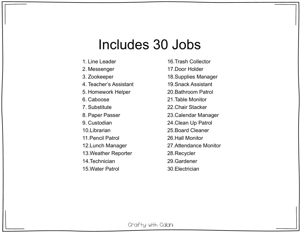 Includes 30 Jobs: numbered list of every job card, from Line Leader and Messenger through Recycler, Gardener and Electrician