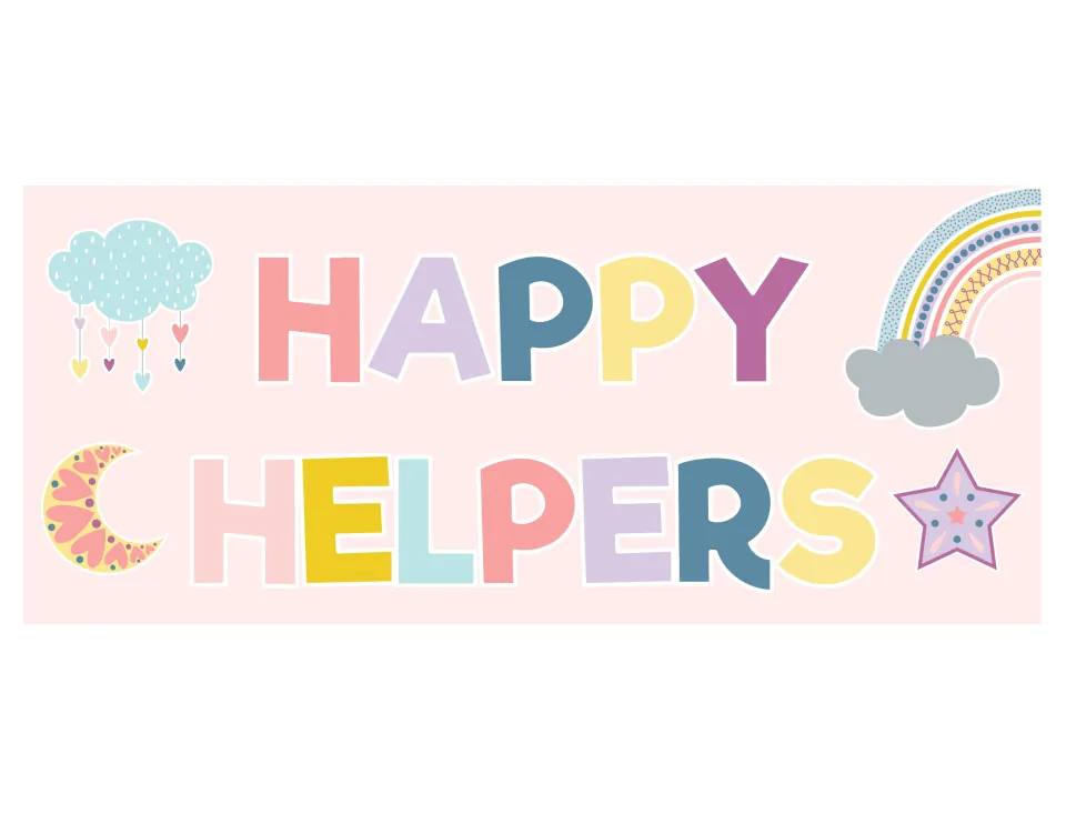 Happy Helpers header in pastel rainbow letters decorated with a heart cloud, rainbow, crescent moon and star
