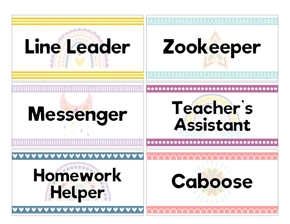 Job cards: Line Leader, Zookeeper, Messenger, Teacher's Assistant, Homework Helper and Caboose with faint rainbow art