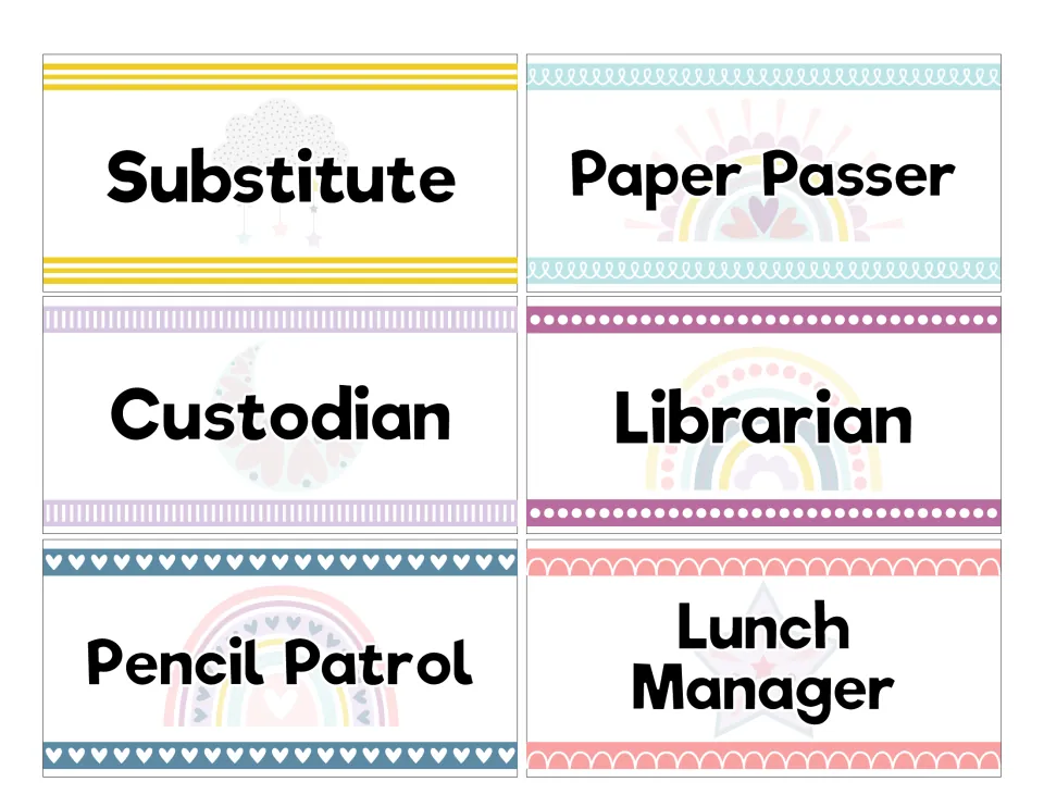 Job cards: Substitute, Paper Passer, Custodian, Librarian, Pencil Patrol and Lunch Manager in pastel rainbow designs