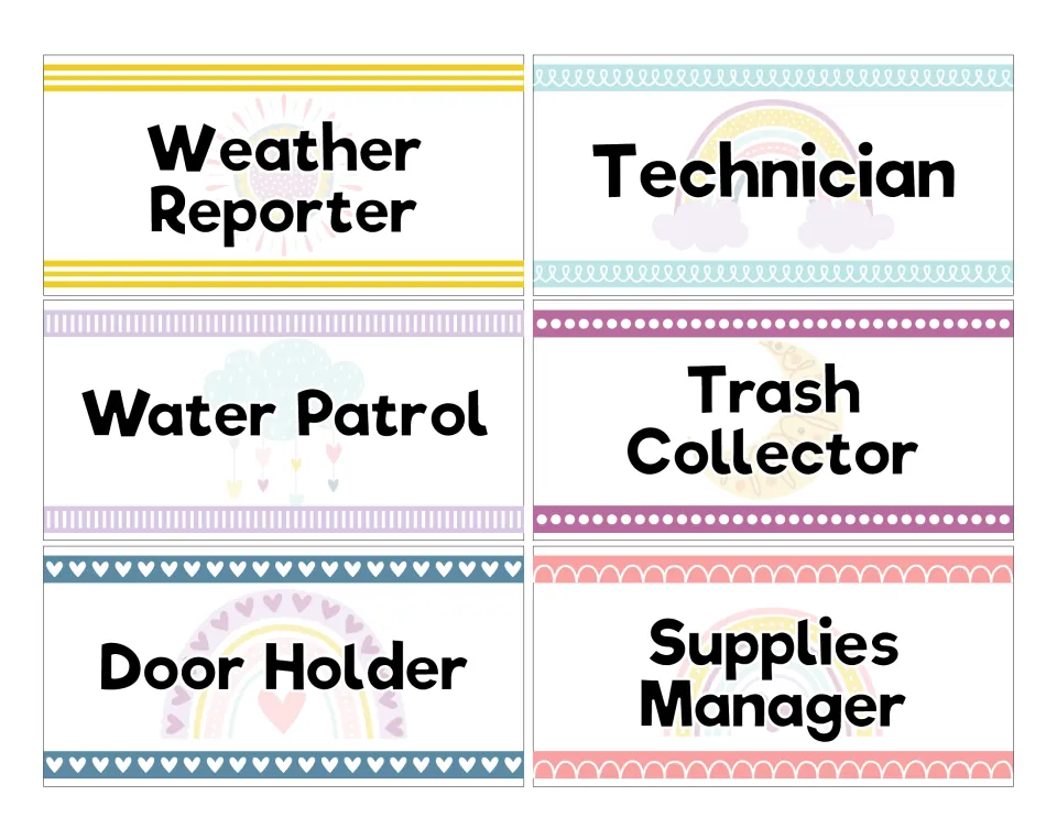 Job cards: Weather Reporter, Technician, Water Patrol, Trash Collector, Door Holder and Supplies Manager in rainbow style