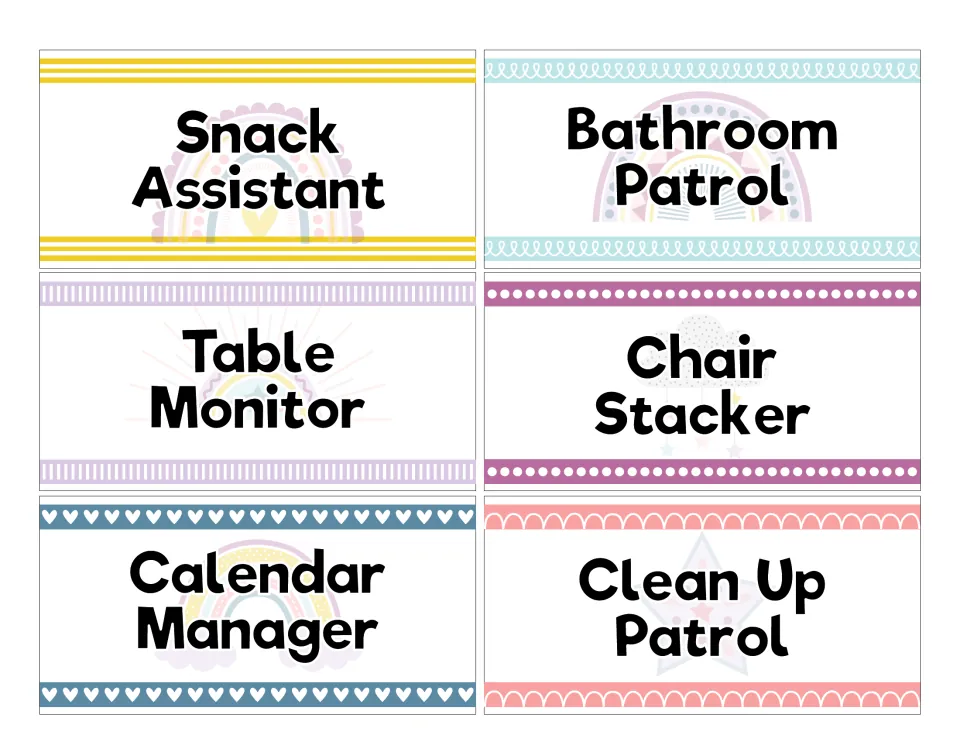 Job cards: Snack Assistant, Bathroom Patrol, Table Monitor, Chair Stacker, Calendar Manager and Clean Up Patrol