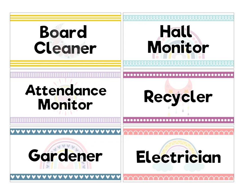 Job cards: Board Cleaner, Hall Monitor, Attendance Monitor, Recycler, Gardener and Electrician with soft rainbow artwork