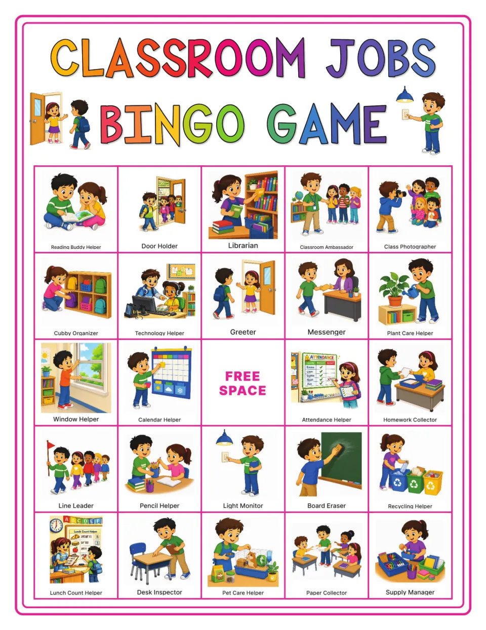 Bingo card 1: Reading Buddy Helper, Door Holder, Librarian and 21 other classroom jobs, plus a free space