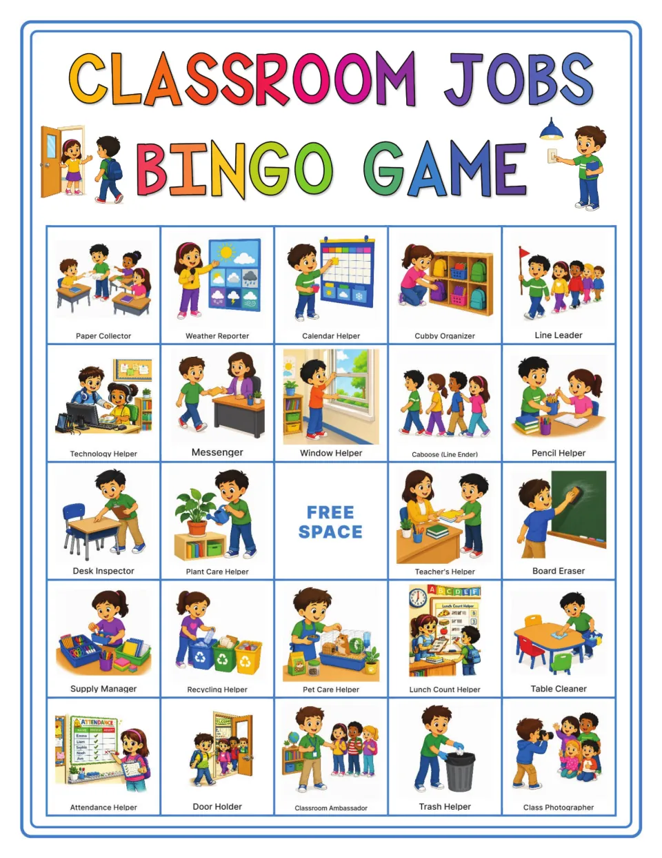 Bingo card 2: Paper Collector, Weather Reporter, Calendar Helper and 21 other classroom jobs, plus a free space