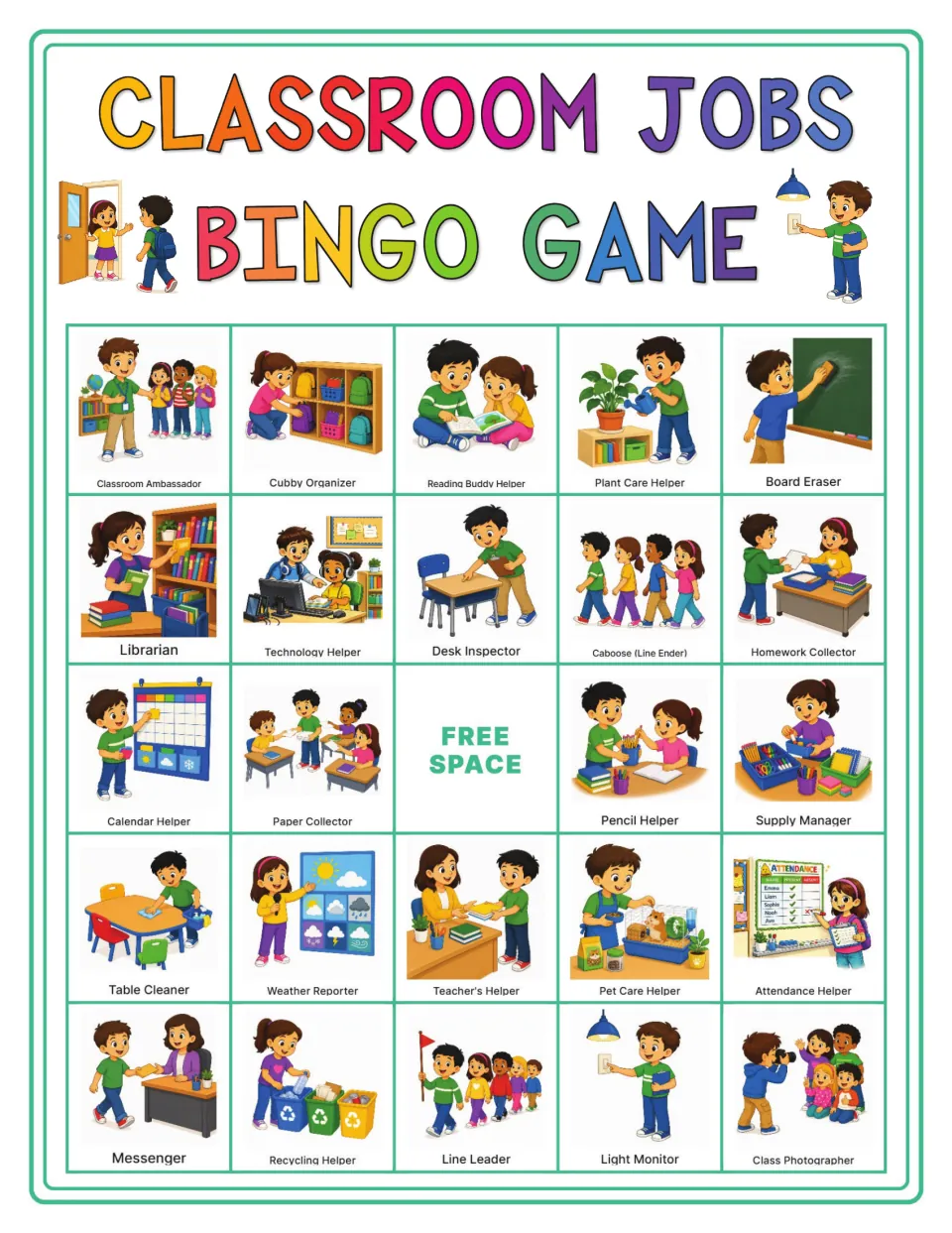Bingo card 3: Classroom Ambassador, Cubby Organizer, Reading Buddy Helper and 21 more jobs, plus a free space