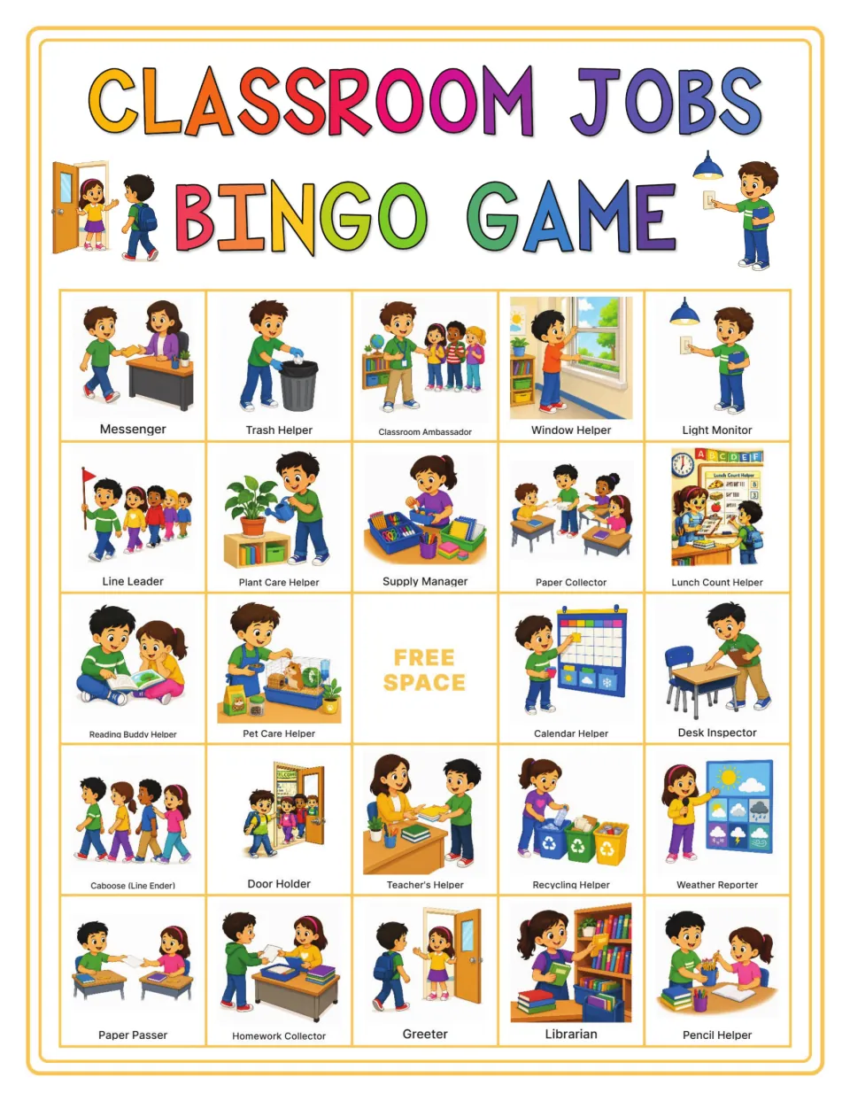 Bingo card 4: Messenger, Trash Helper, Classroom Ambassador and 21 other classroom jobs, plus a free space