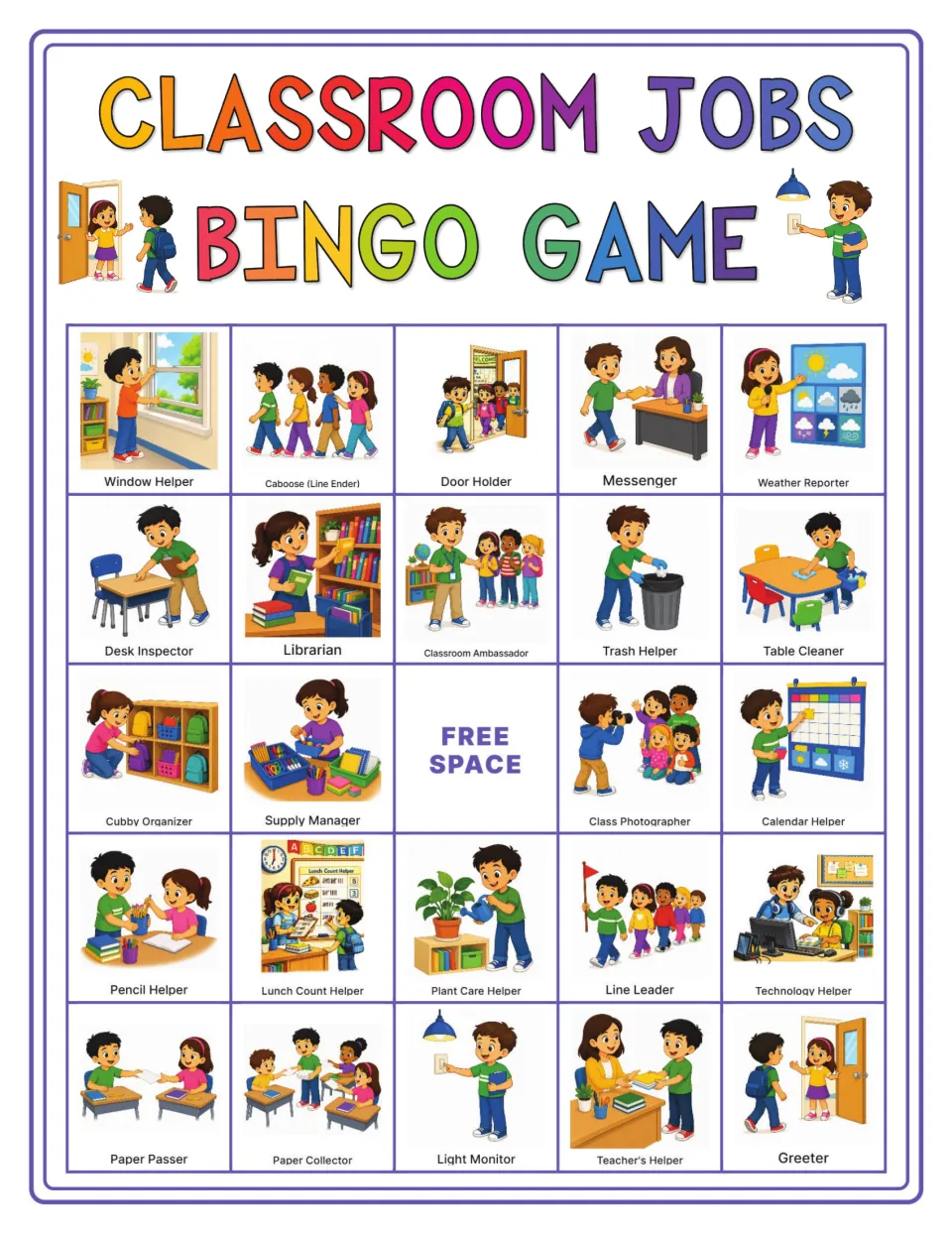 Bingo card 5: Window Helper, Caboose (Line Ender), Door Holder and 21 other classroom jobs, plus a free space