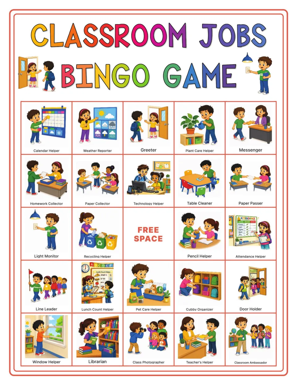 Bingo card 6: Calendar Helper, Weather Reporter, Greeter and 21 other classroom jobs, plus a free space