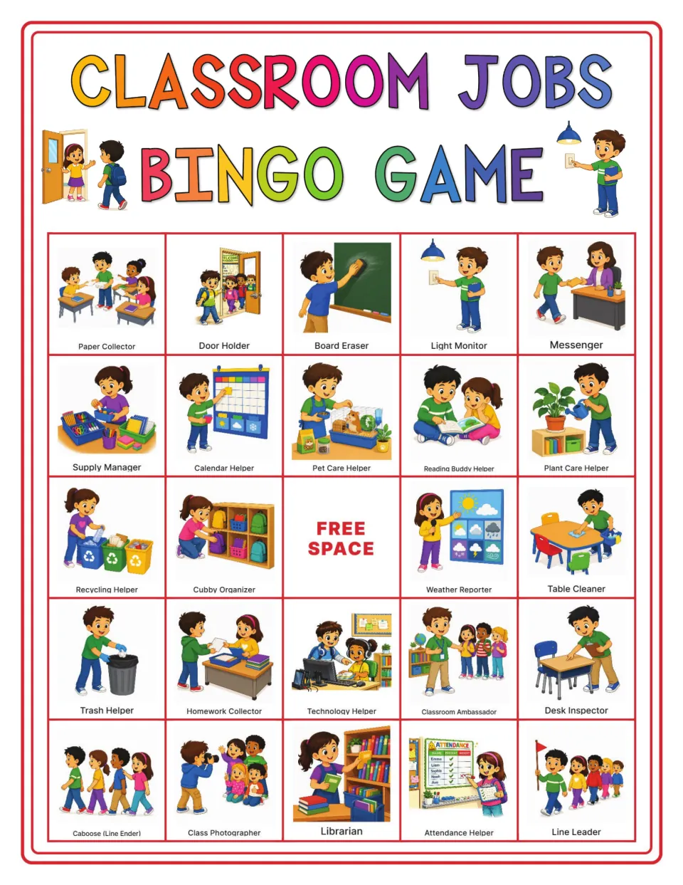Bingo card 8: Paper Collector, Door Holder, Board Eraser and 21 other classroom jobs, plus a free space