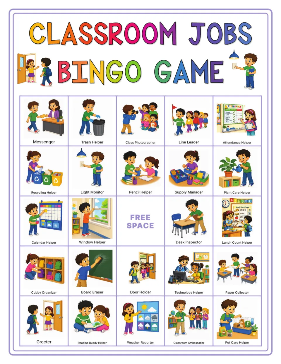 Bingo card 9: Messenger, Trash Helper, Class Photographer and 21 other classroom jobs, plus a free space