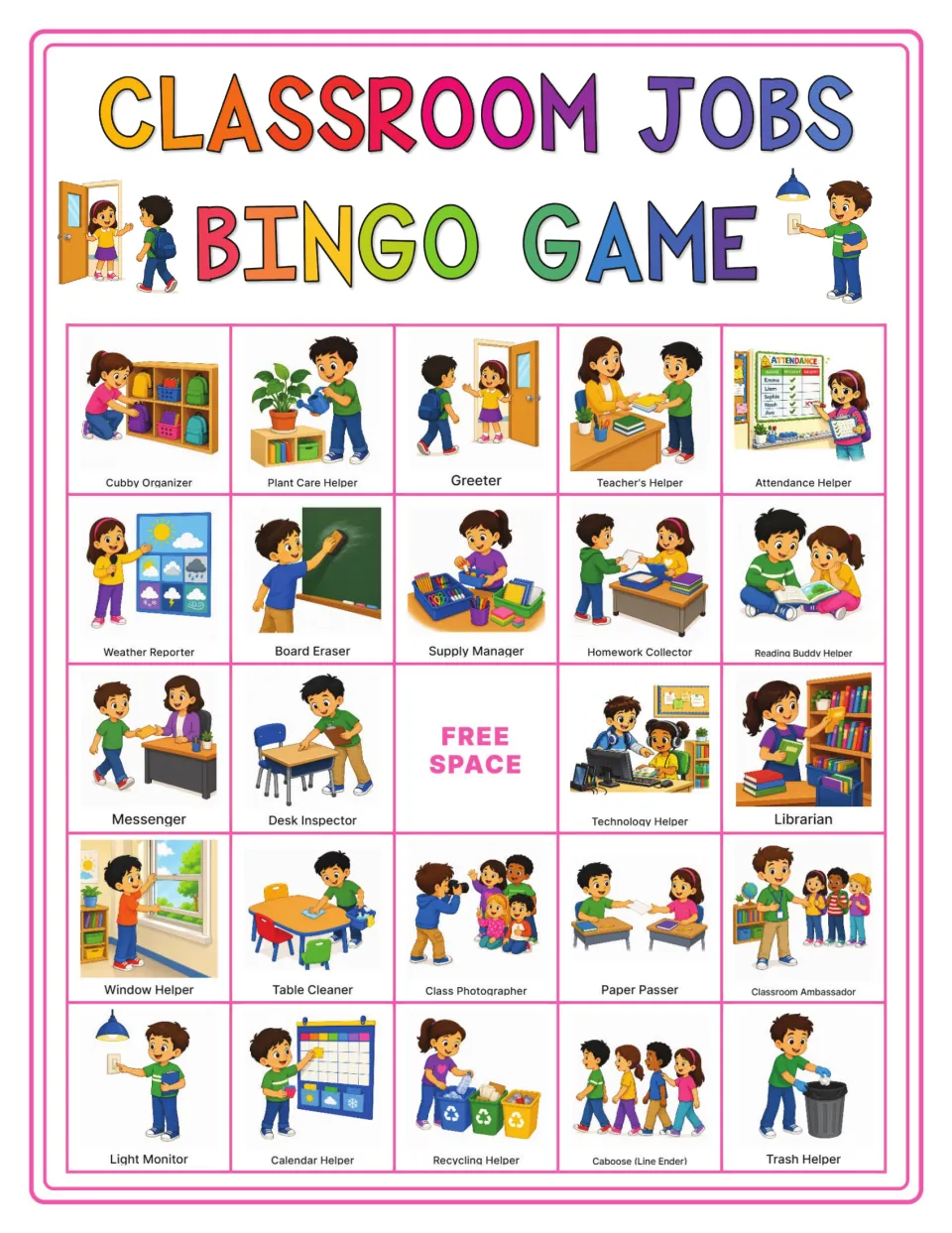 Bingo card 10: Cubby Organizer, Plant Care Helper, Greeter and 21 other classroom jobs, plus a free space