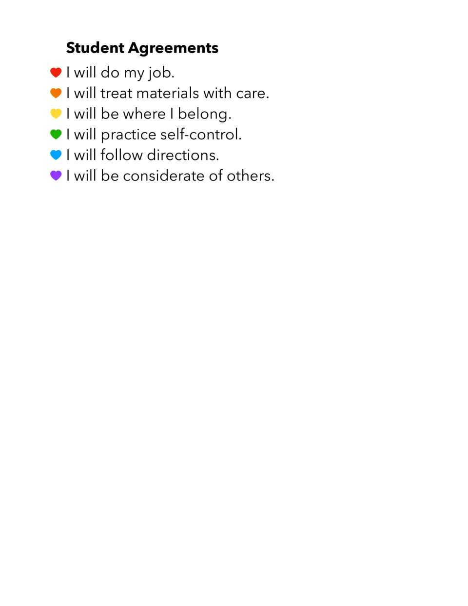 Student agreements mini poster: do my job, treat materials with care, be where I belong, and three more.