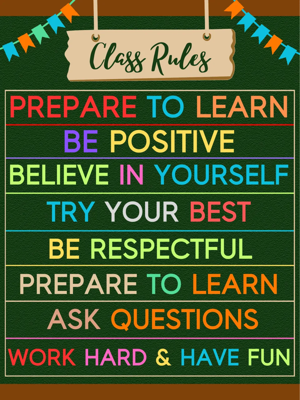 Class Rules poster: Prepare to Learn, Be Positive, Believe in Yourself, Try Your Best, Be Respectful, Ask Questions