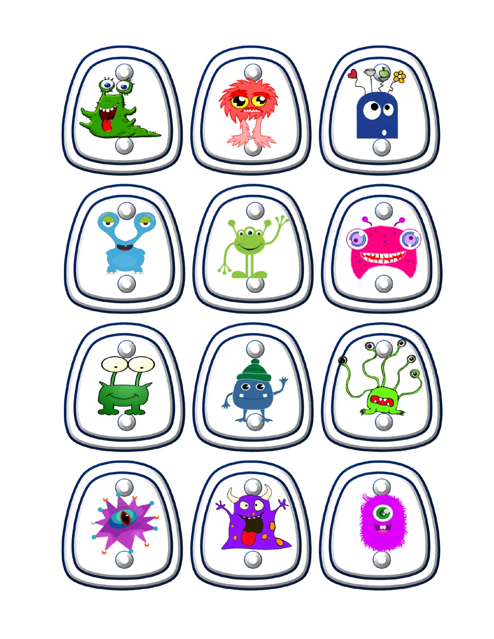 Color monster pencil toppers: 12 silly monsters with bug eyes, fur, horns and antennae, each with punch holes to cut out