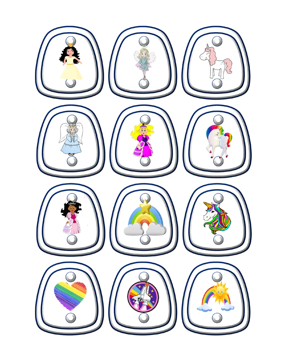 Color fantasy toppers: 12 cut-outs of princesses, angels, unicorns, rainbows, a rainbow heart and a space shuttle badge