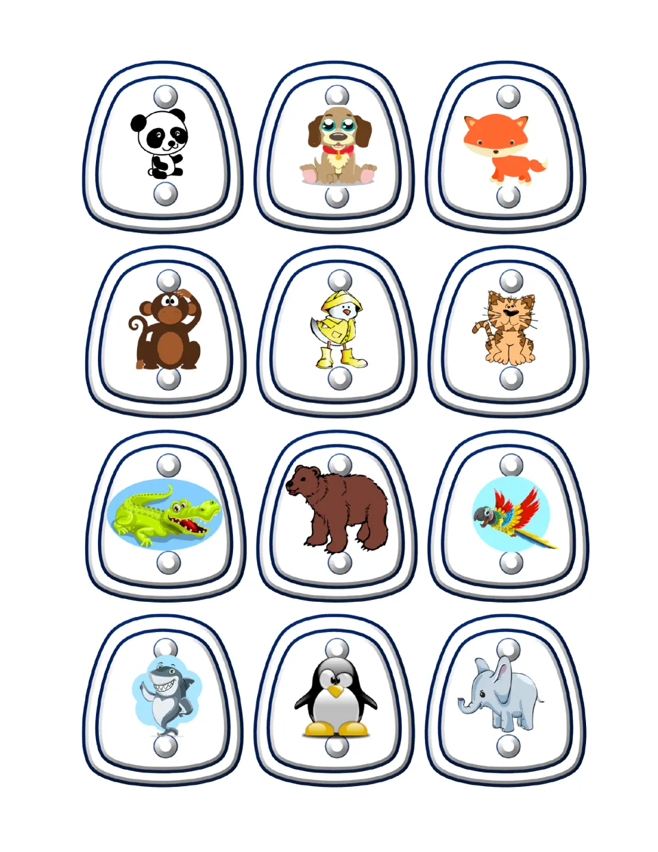 Color animal toppers: 12 cut-outs of a panda, puppy, fox, monkey, duck in a raincoat, cat, alligator, bear, parrot and more