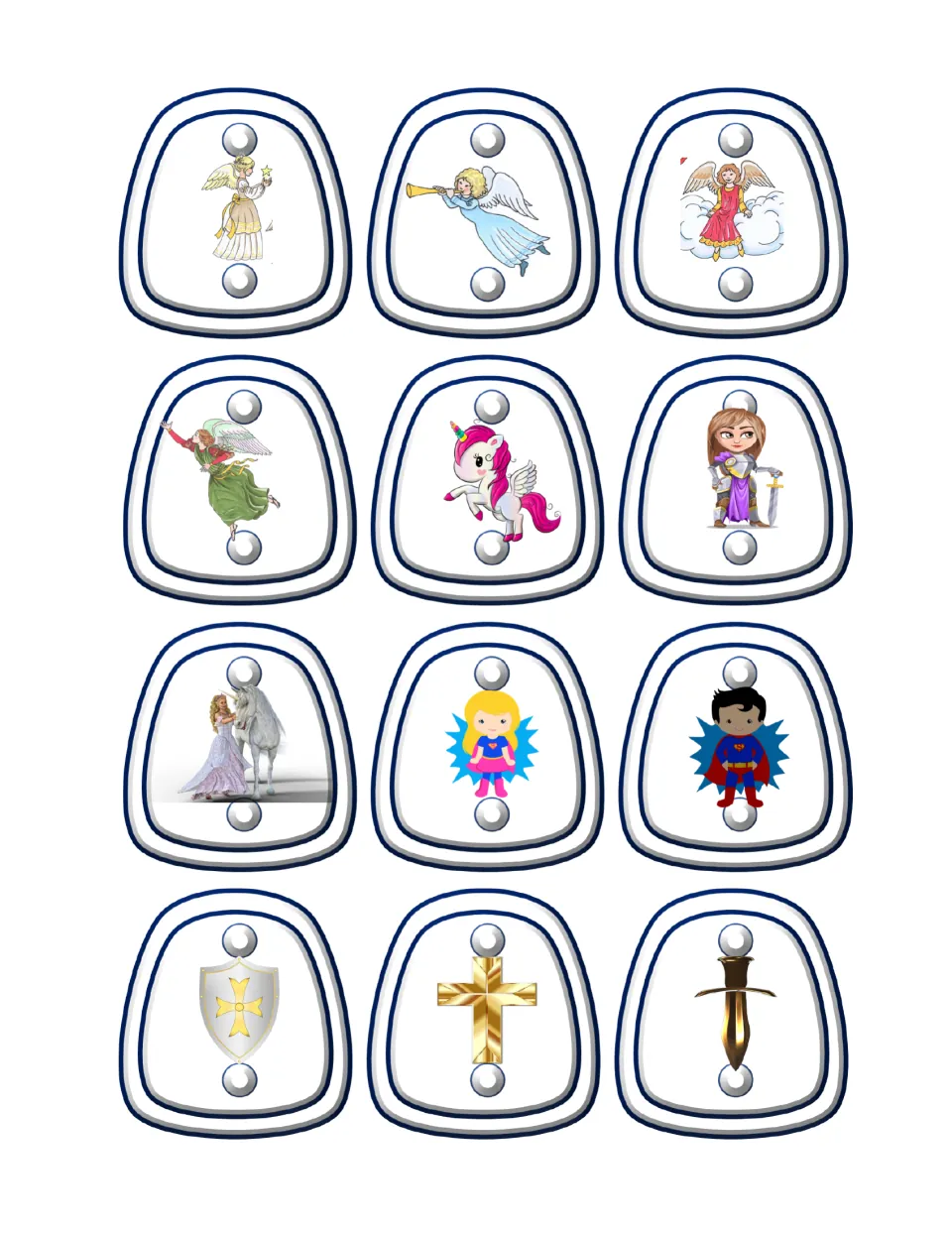 Color hero and angel toppers: 12 cut-outs of angels, a winged unicorn, a knight, two superheroes, a shield, cross and sword