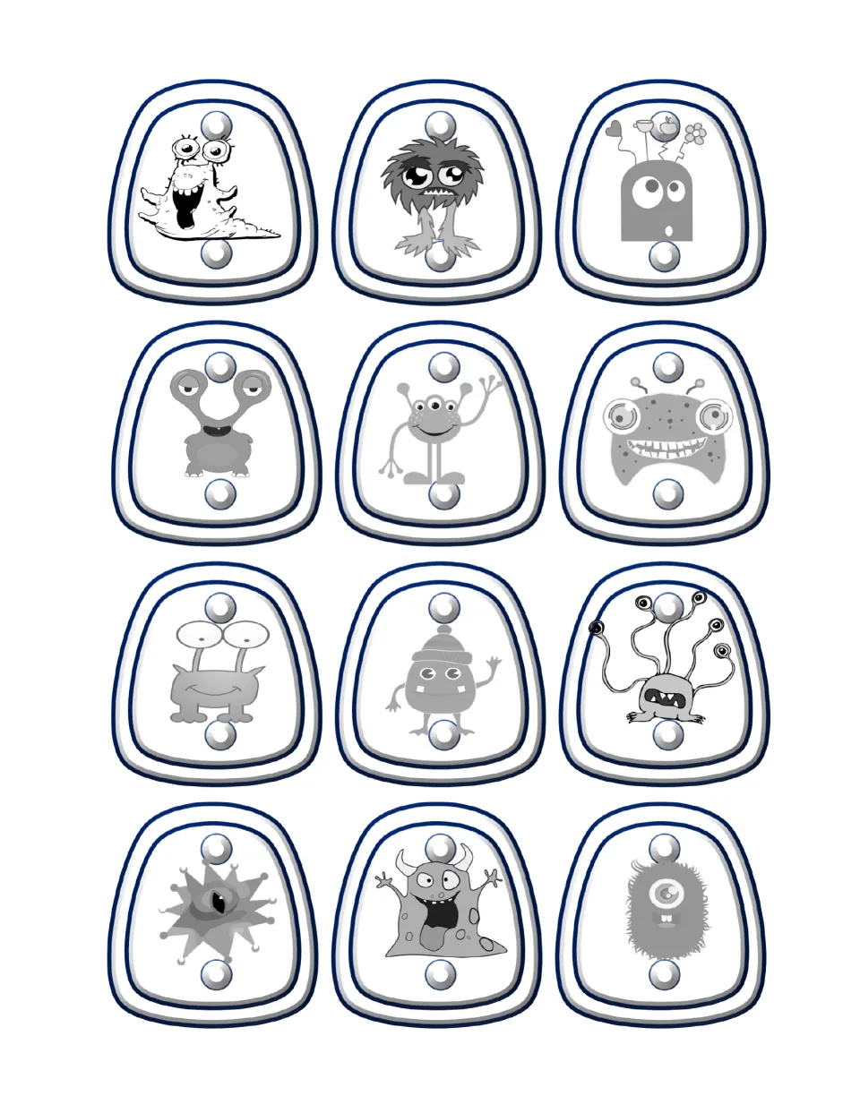 Black and white monster toppers: the same 12 silly monsters in grayscale, ready to print on colored cardstock