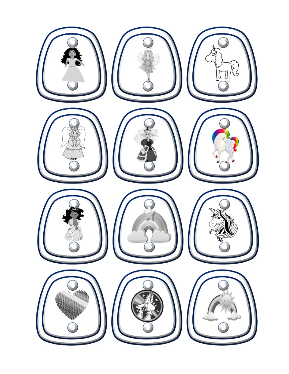 Grayscale fantasy toppers: princesses, angels, unicorns, rainbows, a heart and a shuttle; one unicorn stays in color