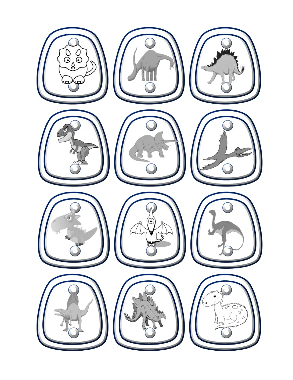 Black and white dinosaur toppers: the 12 dinosaurs in gray and outline, including a triceratops, T. rex and stegosaurus