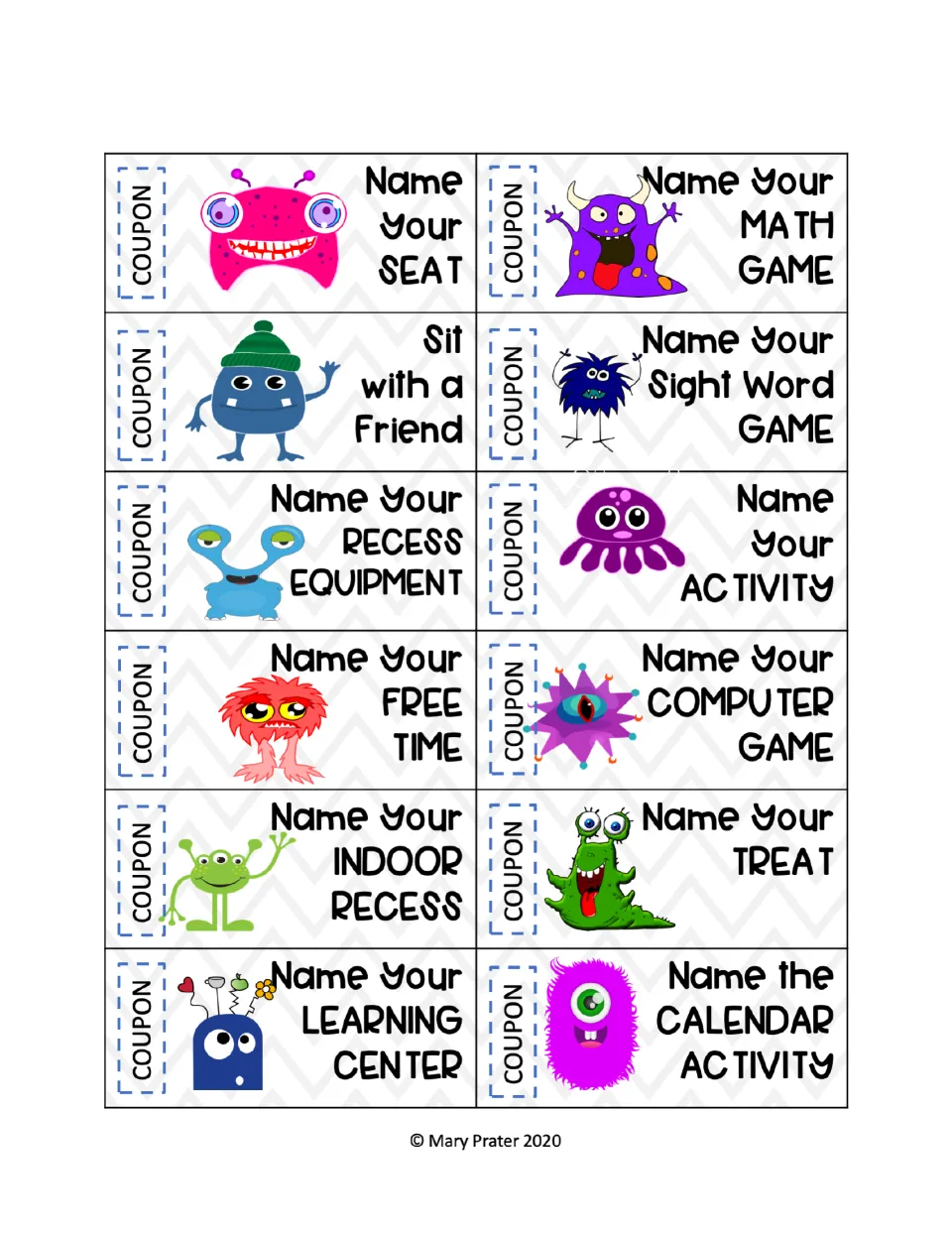 Color monster reward coupons: 12 'Name Your' choices such as math game, seat, free time, treat and learning center
