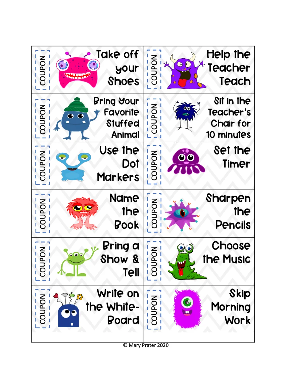 Color monster coupons: 12 privileges such as take off your shoes, sit in the teacher's chair and choose the music