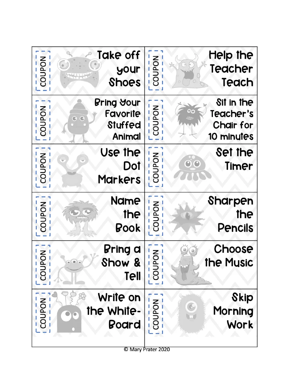 Grayscale monster coupons: the same 12 privileges, including help the teacher teach, set the timer and skip morning work
