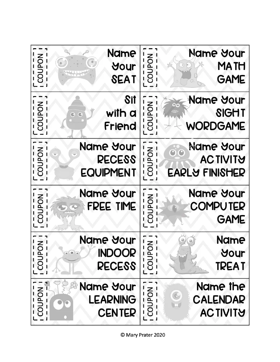 Grayscale 'Name Your' coupons: 12 choices such as sight word game, recess equipment, early finisher activity and treat