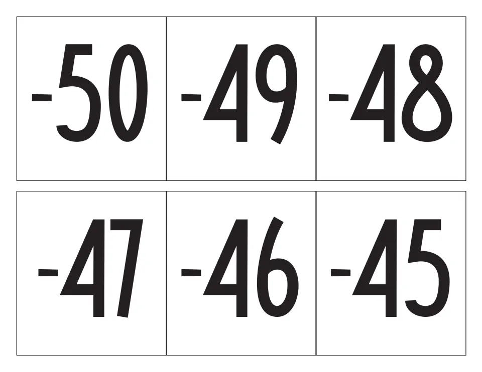Negative number cards -50 through -45 in black numerals, six squares to cut apart for the left end of the number line