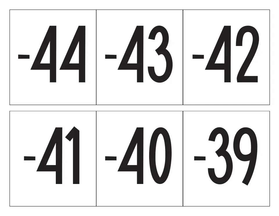 Negative integers -44 to -39 printed one per square card in bold digits, continuing the count toward zero for the display