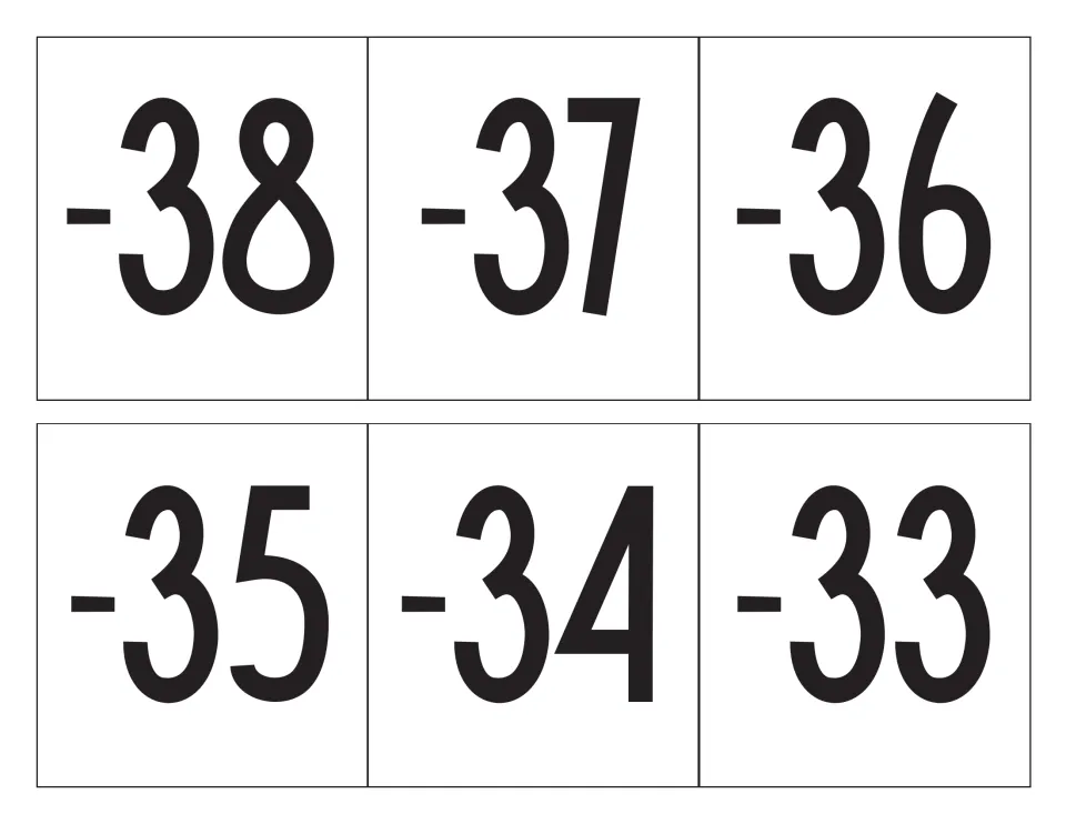 Square cards for -38, -37, -36, -35, -34 and -33 in black numerals, the next stretch of the negative side of the line