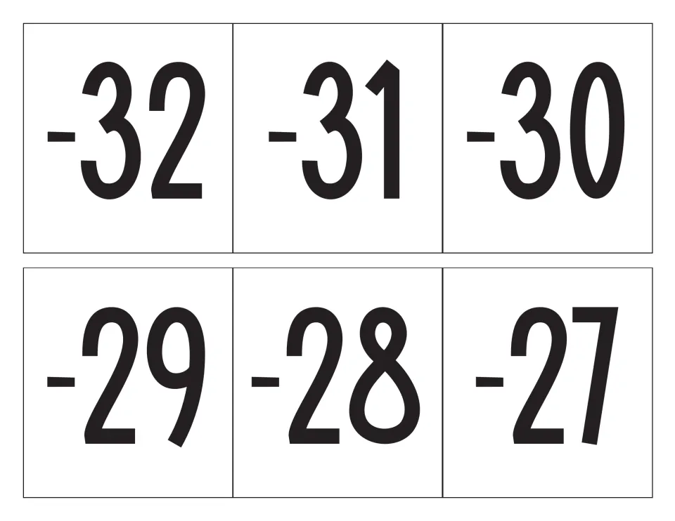 Number cards -32 down to -27 shown in bold print, six squares to trim and place in order along the negative number line
