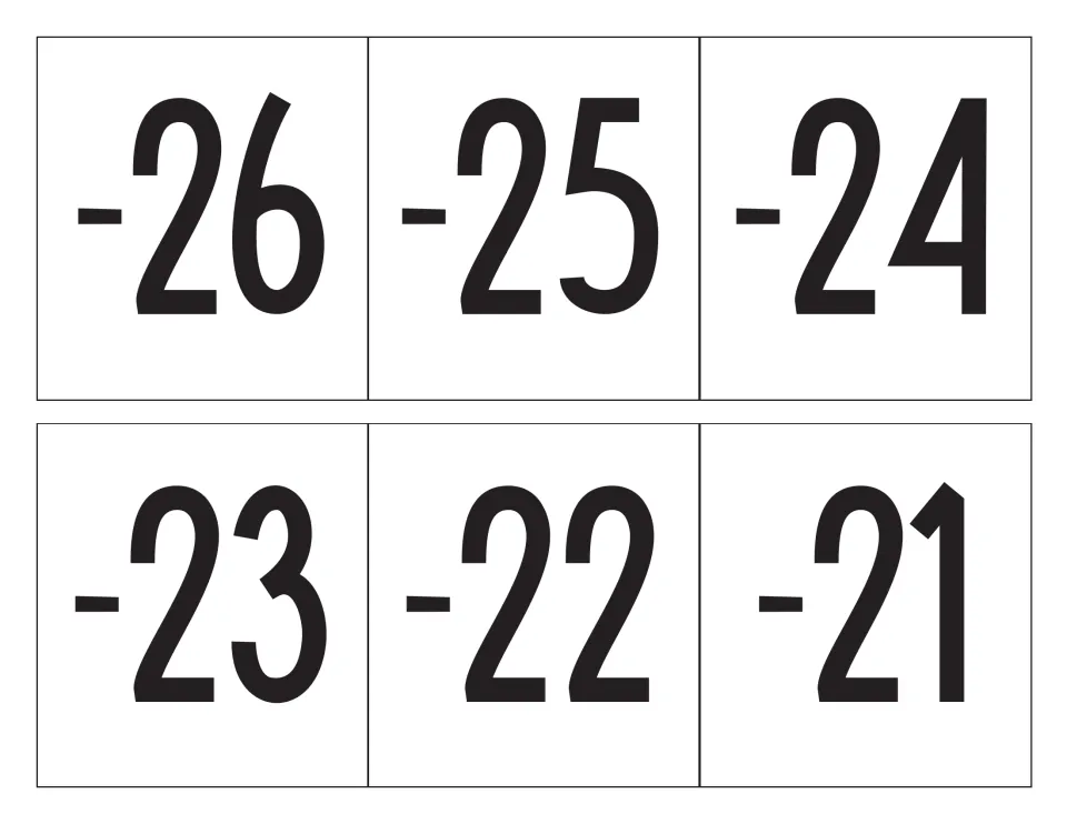 Six square cards labeled -26, -25, -24, -23, -22 and -21 in large digits for the negative section of a number line