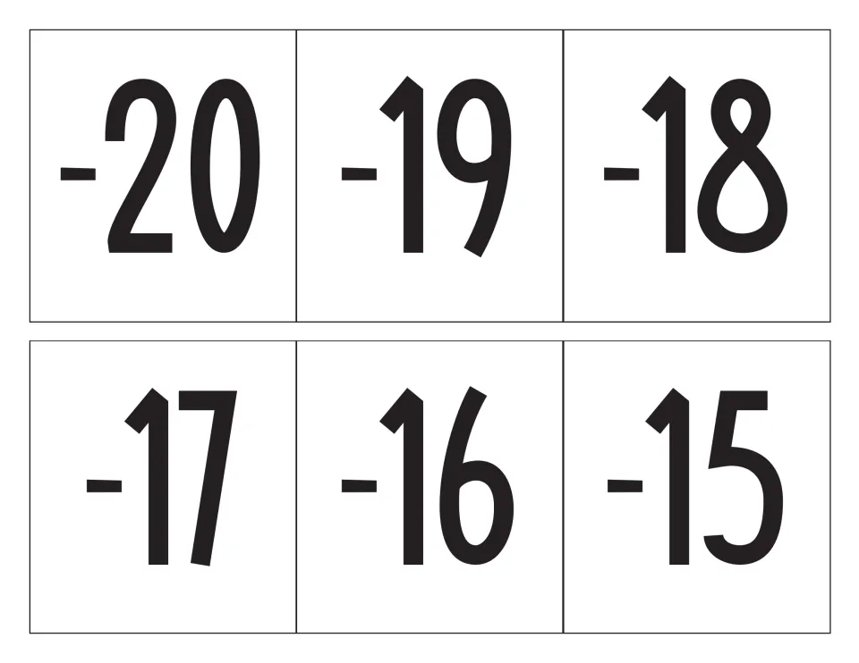 Negative numbers -20 through -15 printed large on six square cards, extending the display line closer to zero