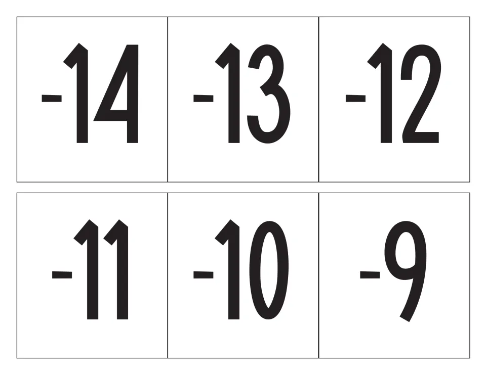 Cards for -14, -13, -12, -11, -10 and -9 in bold black numerals, the set leading into single-digit negative numbers